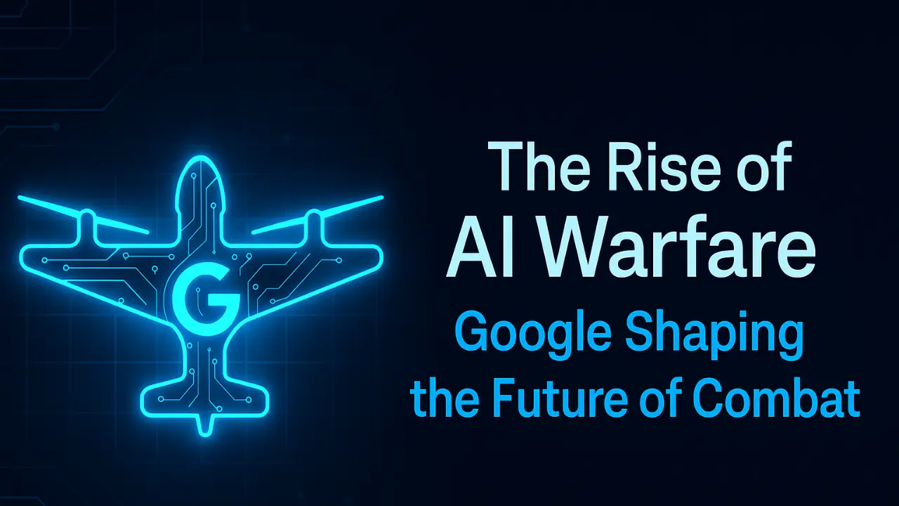 Futuristic dark‑navy header with neon‑blue drone silhouette marked by circuit lines and a ‘G’ icon, beside the glowing title ‘The Rise of AI Warfare: Google Shaping the Future of Combat’.